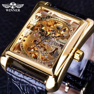 Winner – montre rétro décontractée pour hommes, cadran rectangulaire, motif doré, squelette creux, marque de luxe, mécanique