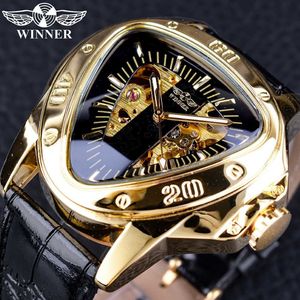 Gagnant Steampunk Mode Triangle Doré Squelette Mouvement Mystérieux Hommes Automatique Mécanique Montres Top Marque De Luxe CJ19216G