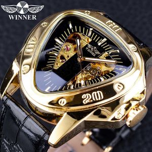 Gagnant Steampunk Mode Triangle Doré Squelette Mouvement Mystérieux Hommes Automatique Mécanique Montres Top Marque De Luxe CJ19211m