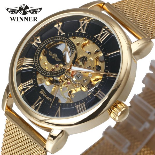 WINNER Top Brand Luxury Ultra Thin Golden Men Reloj mecánico Correa de malla Skeleton Dial Hombres Classic Business T-WINNER Reloj de pulsera