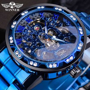 Winnaar Transparante Diamond Mechanical Watch Blue Rvs Skeleton WatchTop Merk Luxe Business Luminous Male Clock