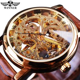 Winnaar Transparant Fashion Case Luxe Casual Design Lederen Band Heren Horloges Topmerk Luxe Mechanisch Skeleton Horloge 240123