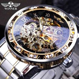 Ganador Moda transparente Diamante Movimiento de engranaje luminoso Diseño real Hombres Marca superior de lujo Reloj de pulsera esqueleto mecánico masculino 2232i