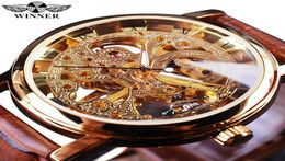 Winnaar Transparant Golden Case Luxe Casual Design Bruin Lederen Strap Mens Watches Top Brand Luxury Mechanisch Skeleton Watch CJ6759682