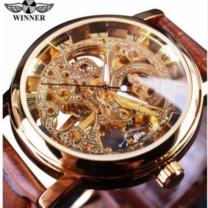 Ganador transparente estuche dorado diseño casual de lujo correa de cuero marrón para hombres relojes de la marca mecánica de lujo reloj256l