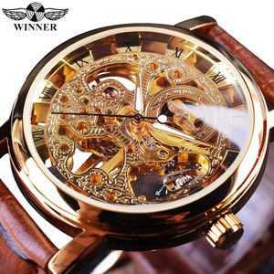 Gagnant transparent Golden Case Luxury Casual Design Brown Le cuir en cuir Brown Watch Top Brand Luxury Mécanique Squelette Watch CJ19121 218Y