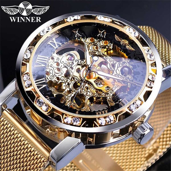 Winner Watch Mens Fashion Leisure Classic Popular Diamond Hollow Mesh Belt Manual Mechanical Watch