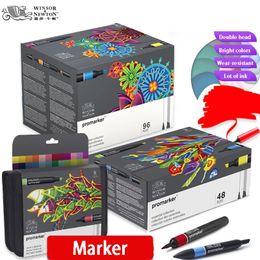 Winsor ton Promarker 6/12/24/48/96 kleuren Set Twin/Double Tip Alcohol Based Marker Pens Design Pro Marker voor kunstenaars 240328