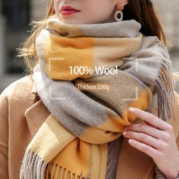 Invierno 100% lana real bufanda a cuadros mujeres a cuadros bufandas de cachemira enrejado mantón grande y envolturas damas cálidas Echarpe Pashmina 240201