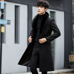 Herenwolmengsels Winter 2021 Koreaanse mode slanke wollen overjas Mid-length Large Large Fur Collar Trench Coat