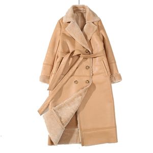 Hiver 2020 Femmes Manteau De Fourrure En Peau De Mouton Cisaillement Ceinture Veste Marron Véritable Veste En Cuir Plus La Taille Manteau D'hiver Femmes Mode Porter LJ201021