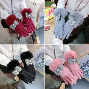 Winter 4 kleuren vrouwelijke handschoenen handgemaakte touchscreen kasjmier wol gemengde warme wanten strikje Koreaanse meisjes agb7091