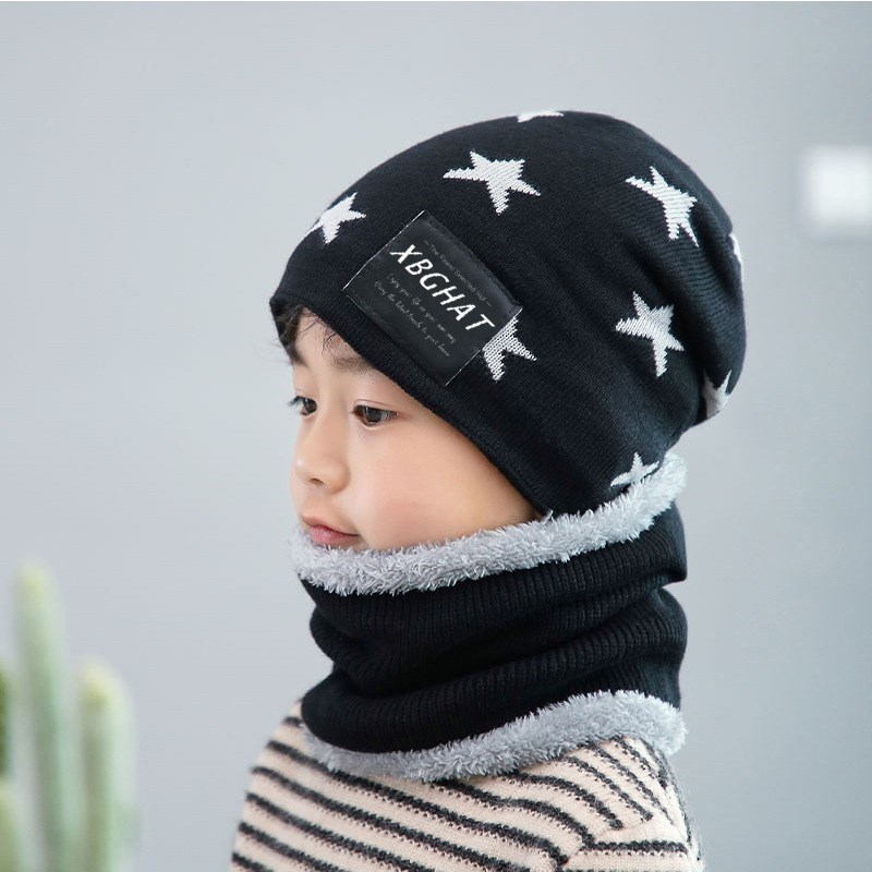 冬の追加綿毛の星の帽子セットボーイズガールズネックスカーフ温かいネッカチーフキッズ編み帽子スカーフ2pcsセット