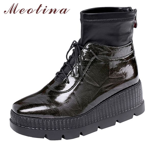 Botas de tobillo de invierno Mujeres Patente Plataforma de cuero Cuña Tacón alto Cremallera corta Zapatos de punta redonda Dama de otoño Tamaño 39 210517