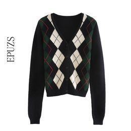 Winter Argyle Gebreide Vesten Dames Vintage Koreaanse Trui Lange Sleeven V-hals S Fashion Butoon Crop 210521