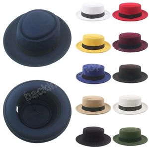 Chapeaux melon Imitation laine pour hommes, casquettes à large bord, noir, blanc, rouge, bleu, chapeau de Jazz à dessus plat, hiver et automne