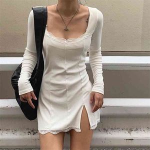 Winter Herfst Jurk Dames Sexy Kant Patchwork Lange Mouw Wit Zwart Split Mini Jurk Vestidos Party Club Outfits Kleding 210521