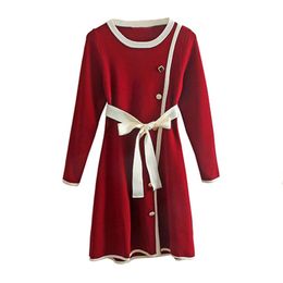 Winter herfst lange mouwen rood zwart Khaki korte mini jurk gebreide knop sjerp elegante chic d3038 210514