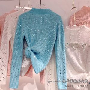 Hiver automne nouveau design femmes col montant épaississement chaud mohair laine tricoté strass patchwork pull haut pull