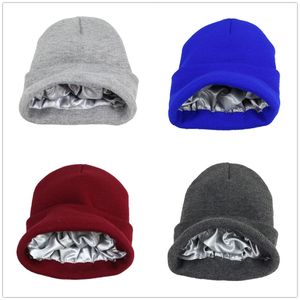 Hiver automne femmes tricoté chapeaux Beanie hommes Skullies chaud décontracté Satin doublure chapeau femme bonnets