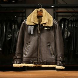 Hiver B3 Shearling chaud intelligent décontracté Double col Bomber Vintage hommes marron laine véritable fourrure en peau de mouton vestes en cuir 240309