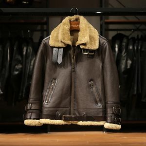 Invierno B3 Shearling Cálido Inteligente Casual Doble Cuello Bomber Vintage Hombres Marrón Lana Piel Genuina Piel de Oveja Chaquetas de cuero 240103