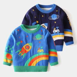 Winter Baby Boy kleding Cartoon gebreide trui Space Patroon Lange mouw O Nek Dikke blauwe pullover tops voor kinderen 2-7y 0913