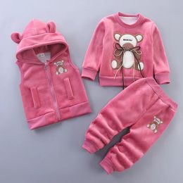 Inverno bebê velo conjuntos de roupas outono meninos meninas algodão grosso quente com capuz camisola dos desenhos animados urso calças 3 pçs crianças terno 04y 240106