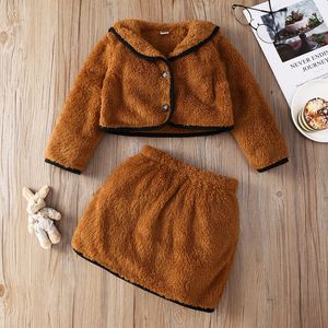 Winter baby meisjes kleding sets lente herfst mode meisje outfits 2 stks bruin lange mouw revers riem midden kind rok pak kinderkleding