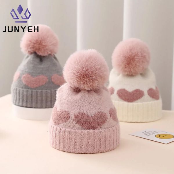 Chapeau d'hiver pour bébé, Double couche épaisse en Jacquard, motif d'amour tricoté, bonnets en laine pour enfants de 0 à 2 ans, 240130