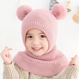 Chapéu de bebê de inverno de malha quente chapéu infantil adequado para bebês femininos e masculinos chapéu cachecol dupla camada forro quente chapéu 240108