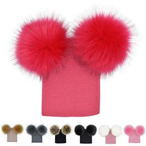 Winter Baby Knit Hat With Two Fur Pompoms Boy Girls Fur Ball Beanie Kids Caps Double Pom Hat for Children262F