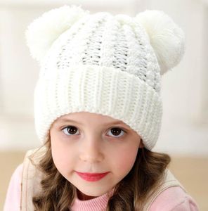 Hiver bébé tricoté chaud chapeau doux pompon bonnets en plein air enfants boule de fourrure oreilles plus chaud laine tricot crâne casquette