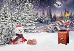 Muñeco de nieve de fondo de invierno Fondo de pino de bosque nevado Permítelo Snow Glitter Christmas Navidad Decoración de fiestas navideñas Estado