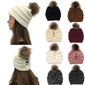Winter beanie hoed voor vrouwen gebreide pompom hoed slouchy beanie skullies dame meisjes mode mutsen warmte ski paarsetail cap gratis verzending