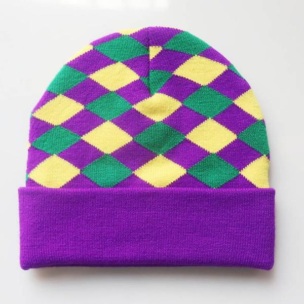 Bonnet d'hiver chapeaux doux chaud confortable tricoté bonnet à revers rayé léopard grille élasticité violet vert jaune faveurs de fête