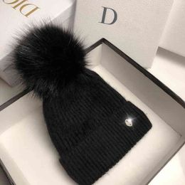 Bonnets d'hiver pour femmes avec doublure en velours véritable pompon en fourrure de renard épaissir chaud chapeaux tricotés hommes Skullies casquettes d'étudiant avec des pierres T220805