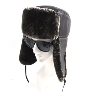 Hiver noir coton fourrure Bomber chapeaux pour hommes en plein air chaud en peluche épaissir chapeau en cuir avec oreillette mâle trappeur chapeaux GH-248