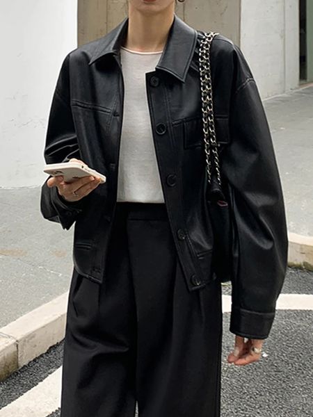 Hiver noir recadrée veste en cuir femmes automne coréen haute rue Biker femme vêtements d'extérieur vintage mince PU Chic hauts 231225