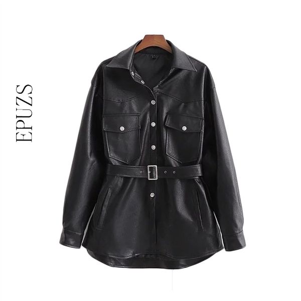 Hiver noir veste en cuir femmes ceintures PU biker moto Faux manteau surdimensionné femme fourrure s automne 210521