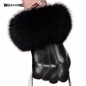 Gants en cuir de mitaines en peau de mouton noir d'hiver pour femmes gants de poignet en fourrure de lapin gants en peau de mouton noir gants de conduite féminins chauds 201244u