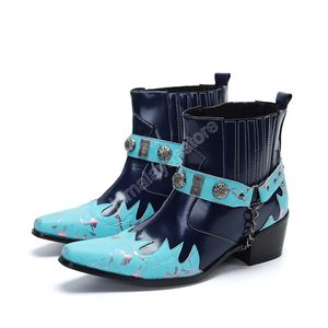 Hiver bleu en cuir véritable hommes bottes Rivets chaînes Western Cowboy bottes courtes augmenter la hauteur moto bottes