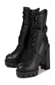 Boot Winter Woman Marca Botas de tobillo Macademia Booties de tobillos de cuero genuino Martin Boots Black y con Lace-Up Fashion Chunky Heel8477988