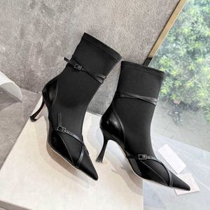 Winterlaarzen Zwart Patent Leather Matte Cross Mouw Pointed High Heel Shoes Boots Medium Fine Fashion Belt Elastic 221130