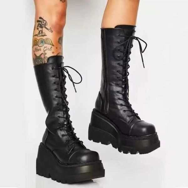 Botas de invierno Zapatos de plataforma para mujer Botines Lluvia Combate Militar Cuero corto Negro New Rock Punk Goth Lolita Liquidación Ofertas 230922