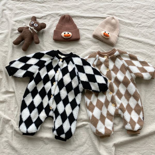 Hiver né bébé garçons et filles bébé barboteuse avec cachemire Onesies étranger vérifier agneau laine enfants chaud coton vêtements 240116