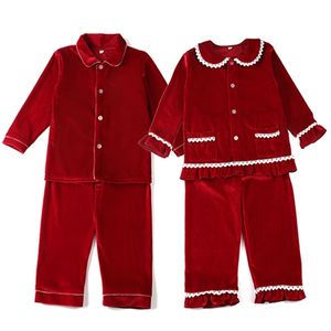 Hiver Boutique Velours Tissu Rouge Enfants Vêtements Pjs Avec Dentelle Toddler Garçons Ensemble Pyjamas Fille Bébé Vêtements De Nuit 211109