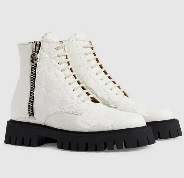 Marca de invierno Mujeres de lujo Cierre de cremallera Botas de tobillo entrelazadas Suela de goma Señora Cuero Martin Bota Fiesta Boda Caballero Chelsea Boottes Blanco Negro EU35-43