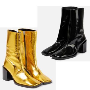 Winter Brand Women's Ankle Boots Italiaans Patent Leather Glanzende dikke hiel vierkant hoofd Elegante dames High Heels Show damescharm EU35-41