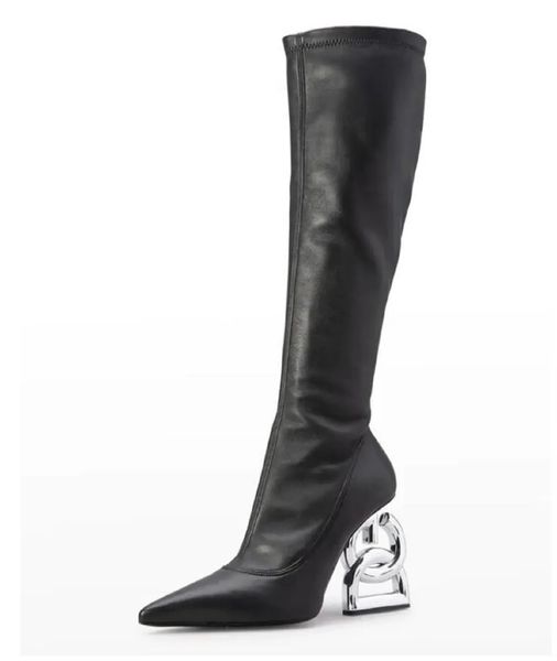 Marques d'hiver Keira Pop Heel Bottes en cuir Talons Baraque Logo argenté Lettrage Long Genou Boot Noir Stretch cuir Bout pointu Booty Automne Hiver EU35-43